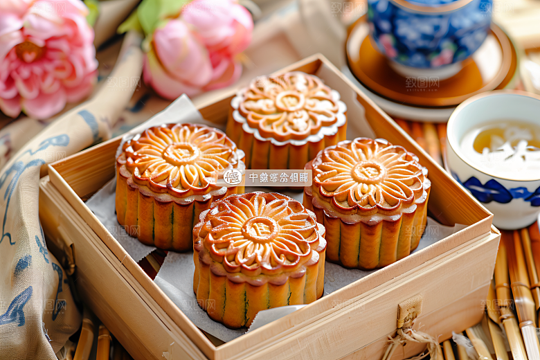 中秋月饼礼盒传统美食广式月饼摄影图