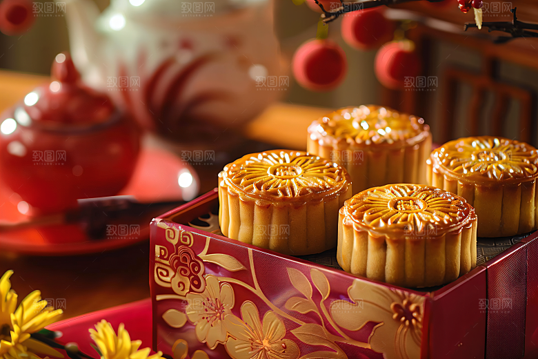 中秋月饼礼盒甜点广式月饼摄影图