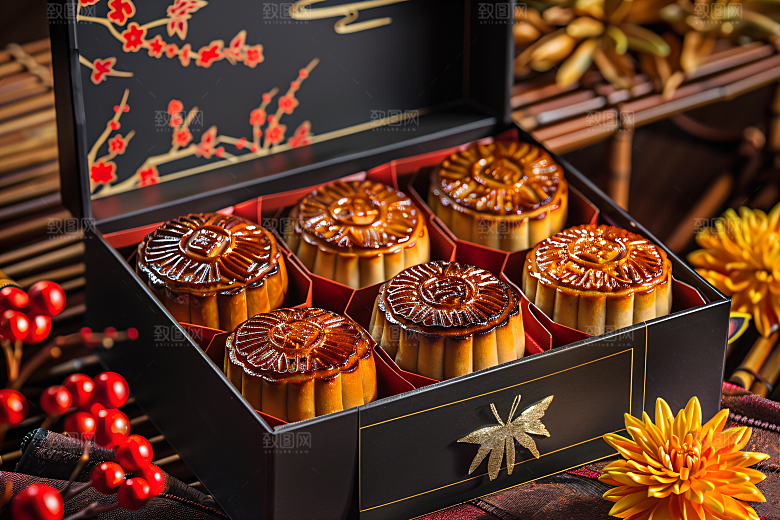 中秋月饼礼盒莲蓉月饼甜点摄影图