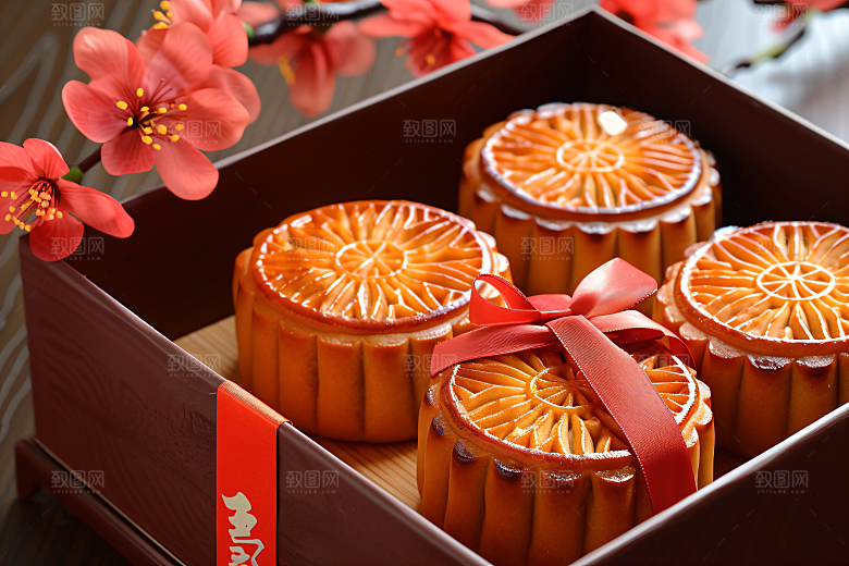 中秋月饼礼盒莲蓉月饼甜点摄影图