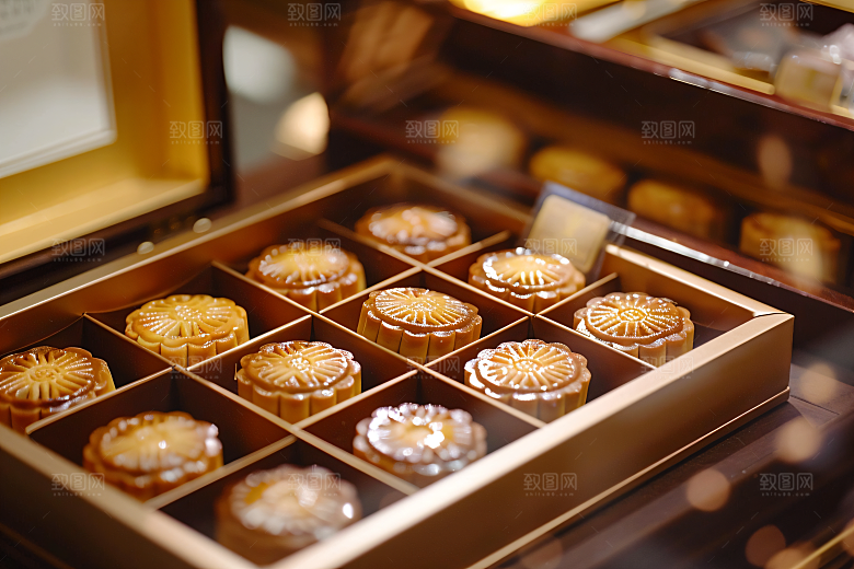 中秋月饼礼盒精致传统美食摄影图