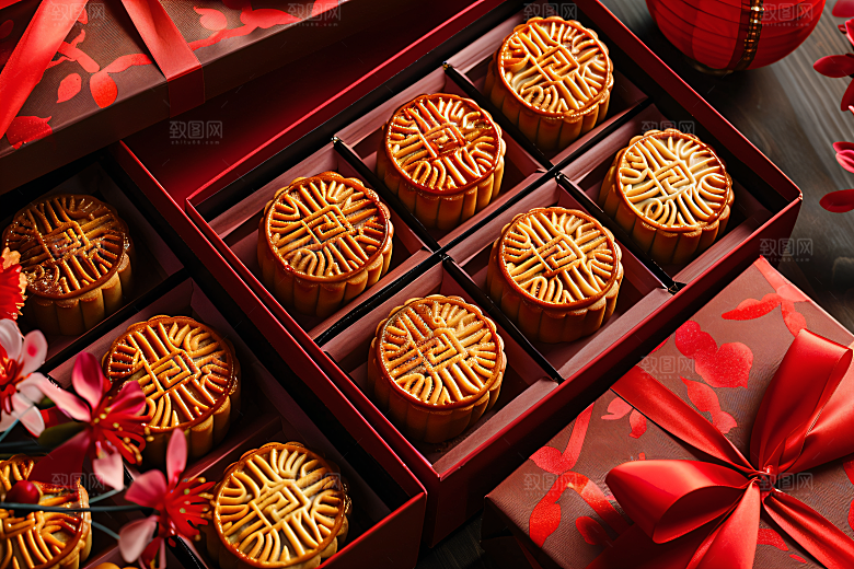 中秋月饼礼盒糕点精致摄影图