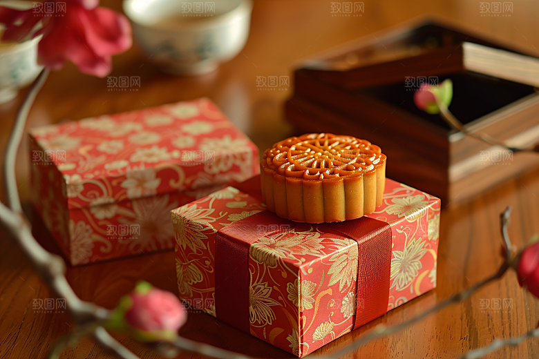 中秋月饼礼盒美味习俗摄影图