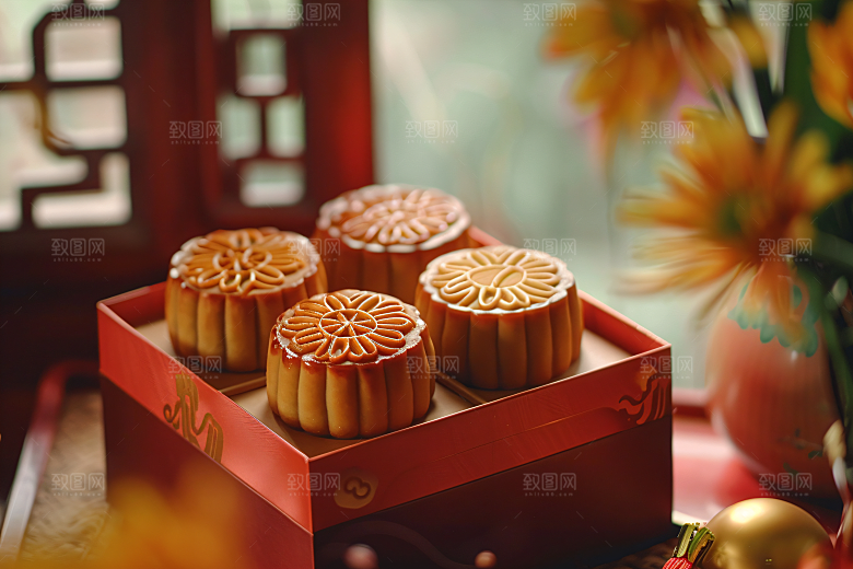 中秋月饼礼盒甜点习俗摄影图