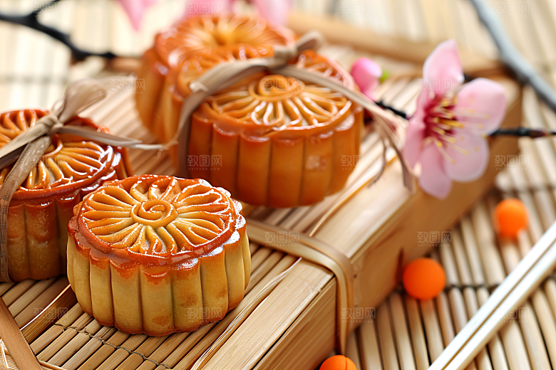 中秋月饼礼盒传统美食精致摄影图