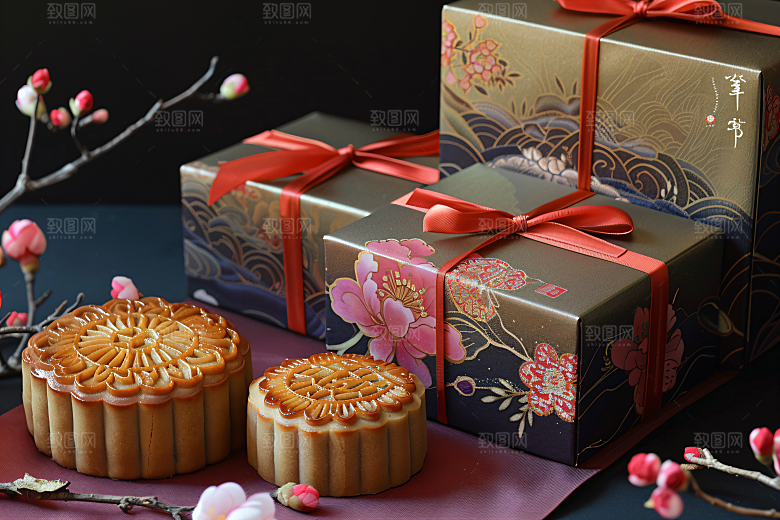 中秋月饼礼盒传统节日礼品摄影图