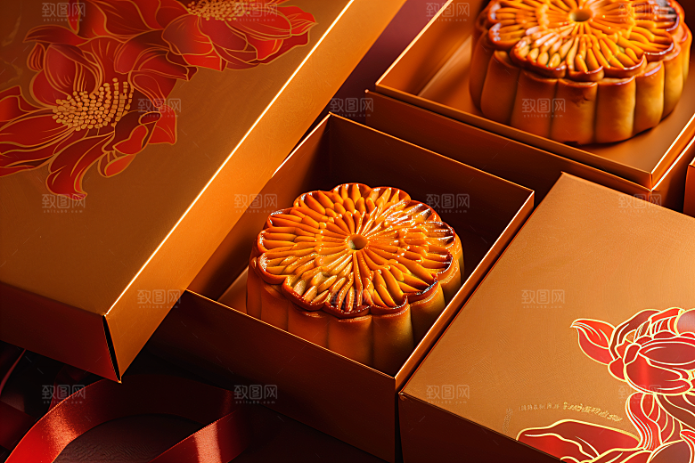中秋月饼礼盒广式月饼美味摄影图