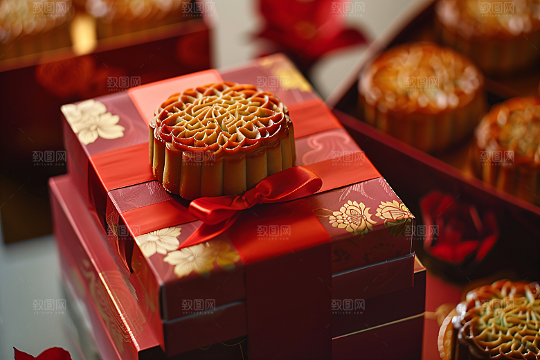 中秋月饼礼盒美味习俗摄影图