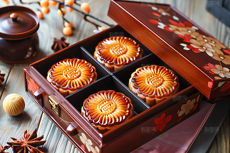 中秋月饼礼盒习俗美味摄影图