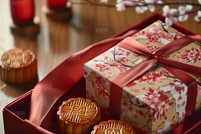 中秋月饼礼盒中秋节美味摄影图