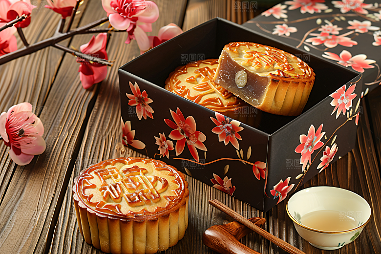 中秋月饼礼盒美味莲蓉月饼摄影图