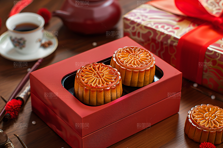 中秋月饼礼盒美味传统美食摄影图