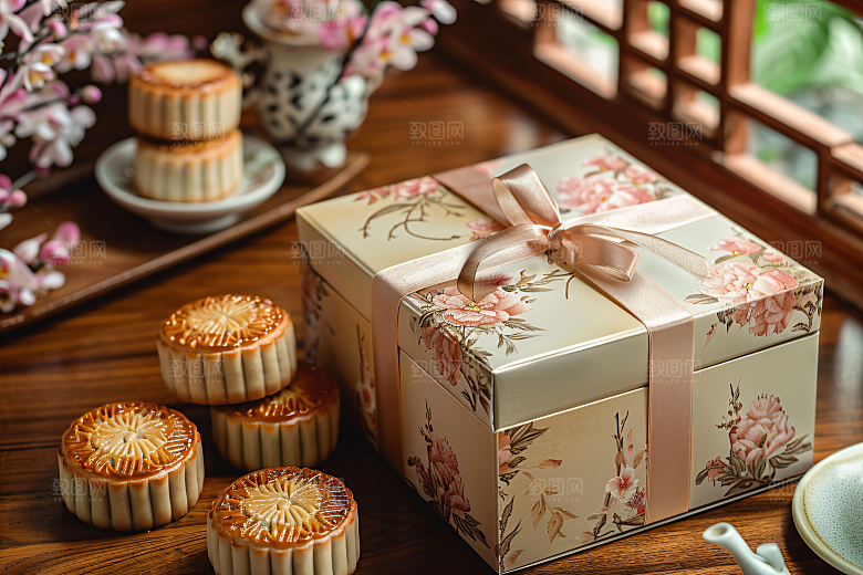 中秋月饼礼盒精致礼品摄影图