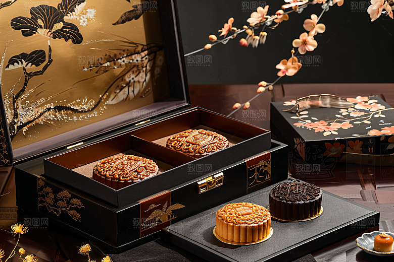 中秋月饼礼盒甜点莲蓉月饼摄影图