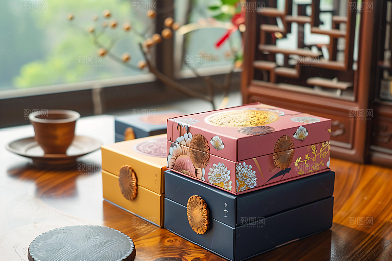 中秋月饼礼盒美味精致摄影图