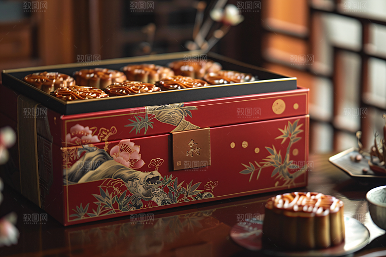 中秋月饼礼盒广式月饼文化摄影图