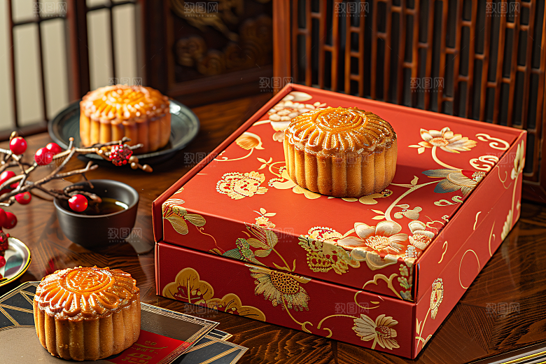 中秋月饼礼盒中秋节美味摄影图