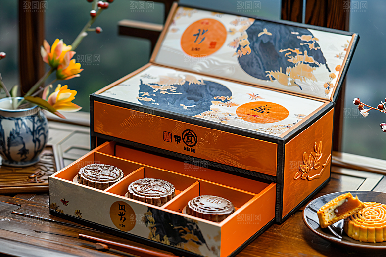 中秋月饼礼盒糕点广式月饼摄影图