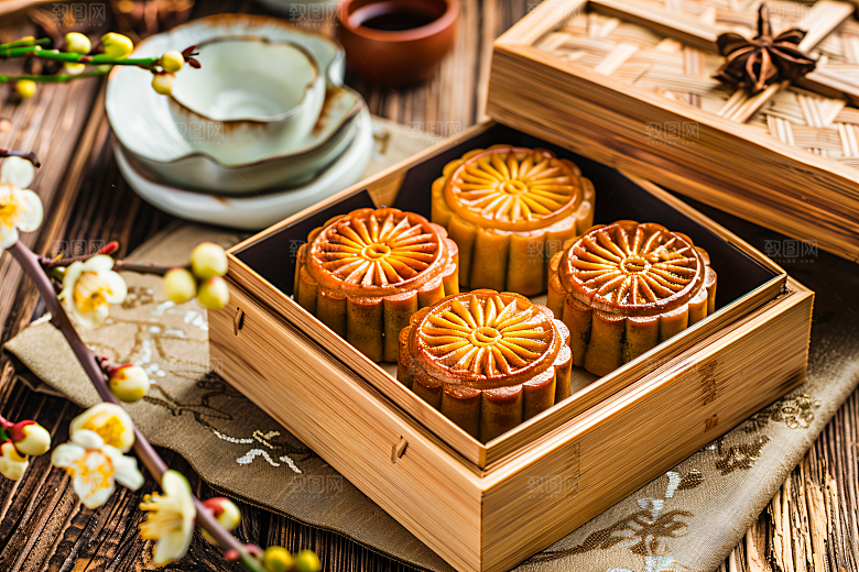 中秋月饼礼盒糕点精致摄影图