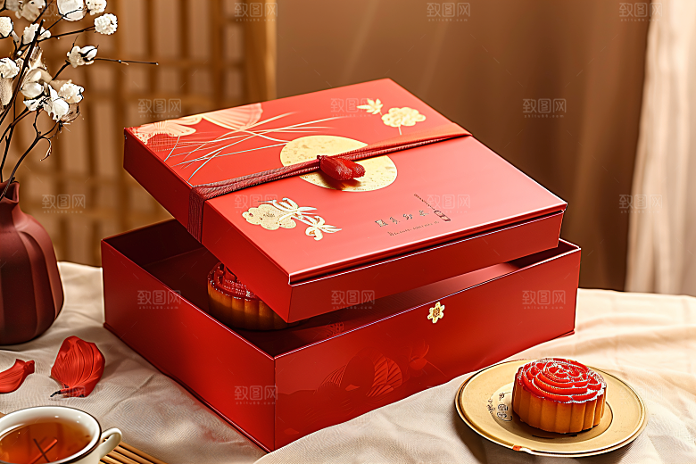 中秋月饼礼盒习俗甜点摄影图