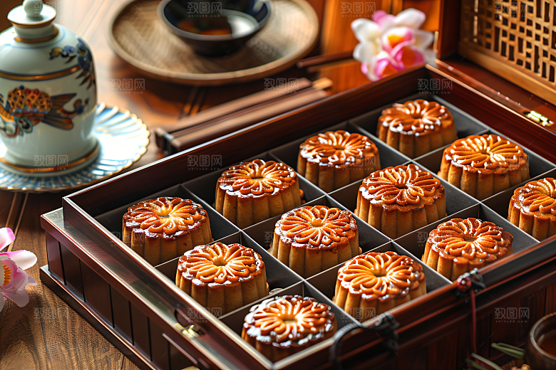 中秋月饼礼盒中秋节美食摄影图