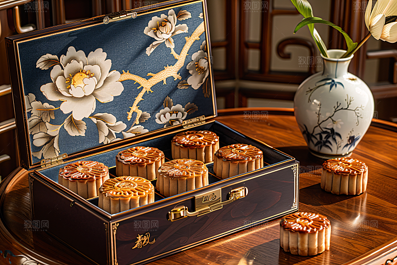 中秋月饼礼盒中秋节美味摄影图