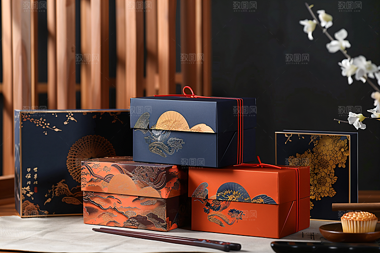 中秋月饼礼盒美味传统美食摄影图