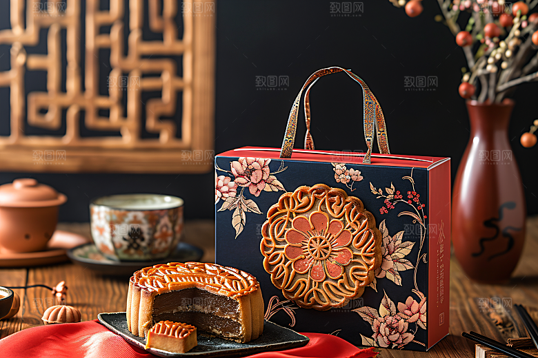 中秋月饼礼盒精致甜点摄影图