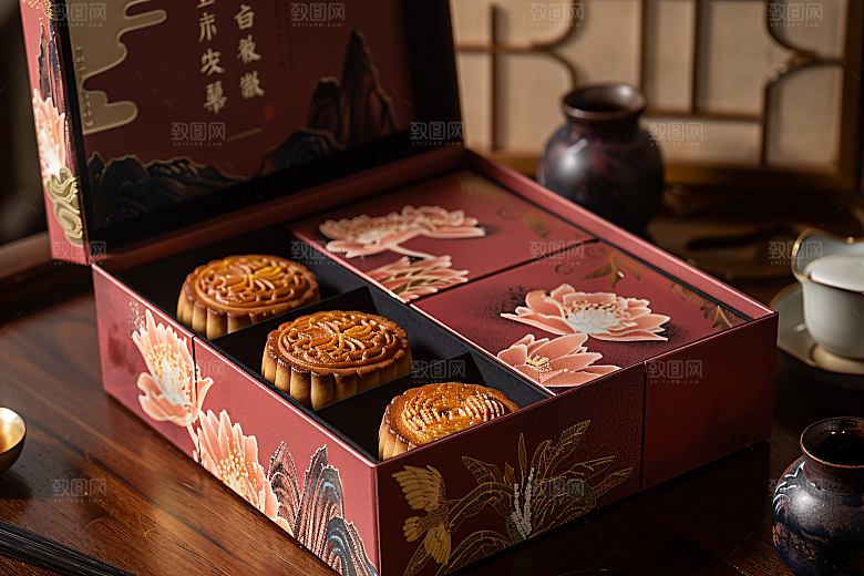 中秋月饼礼盒高清精致摄影图