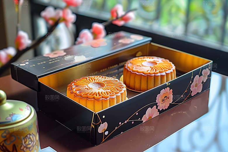 中秋月饼礼盒甜点习俗摄影图