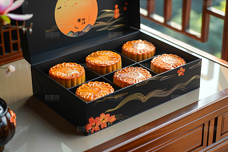 中秋月饼礼盒糕点精致摄影图