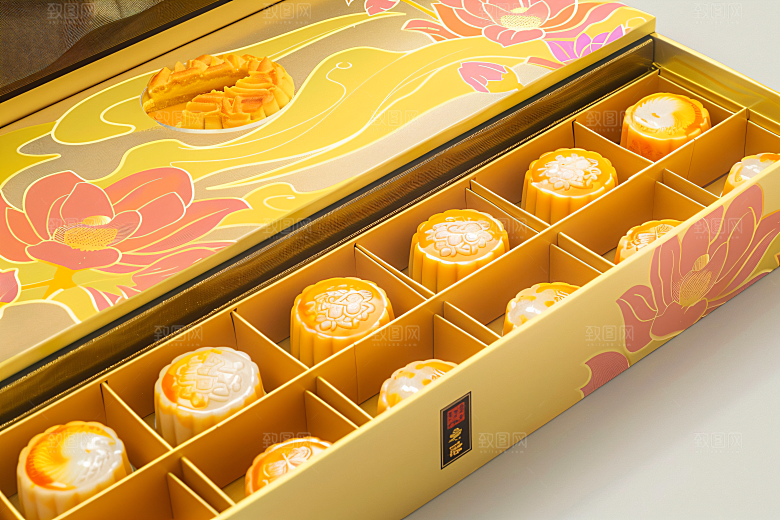 中秋月饼礼盒美食莲蓉月饼摄影图