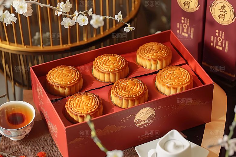 中秋月饼礼盒中秋节习俗摄影图