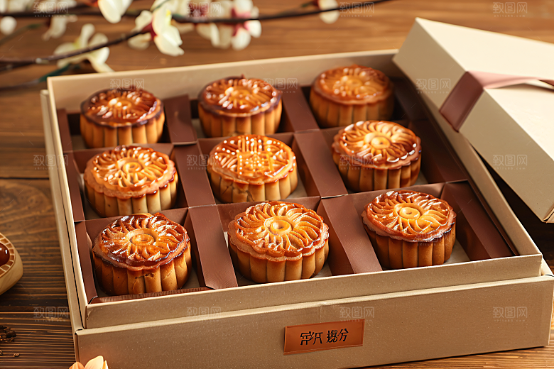 中秋月饼礼盒莲蓉月饼美味摄影图