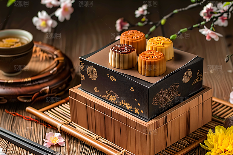 中秋月饼礼盒甜点美味摄影图