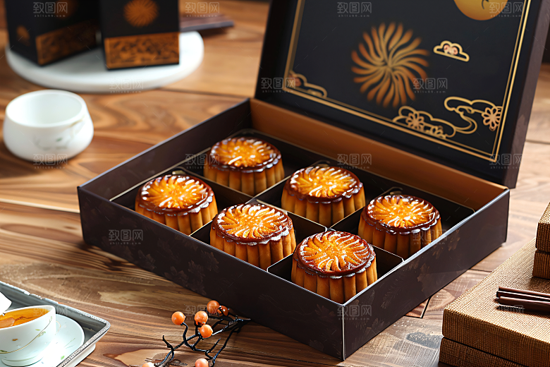 中秋月饼礼盒精致传统美食摄影图