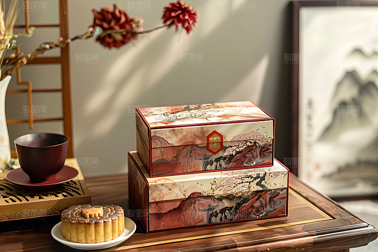 中秋月饼礼盒传统美食习俗摄影图