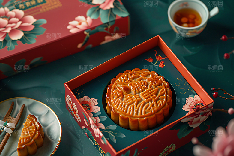 中秋月饼礼盒广式月饼习俗摄影图