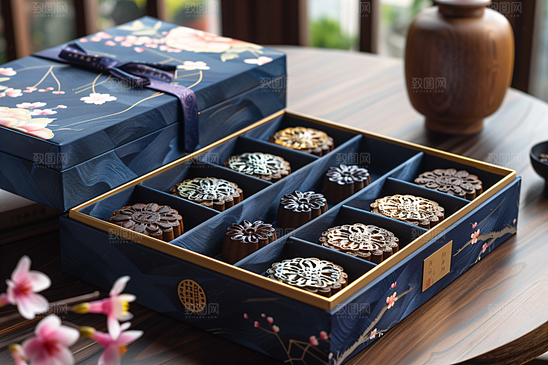 中秋月饼礼盒精致广式月饼摄影图