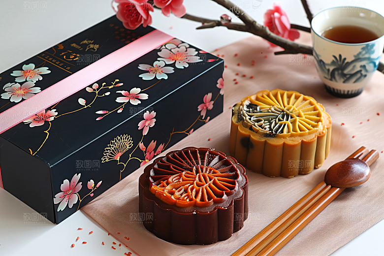 中秋月饼礼盒高清莲蓉月饼摄影图