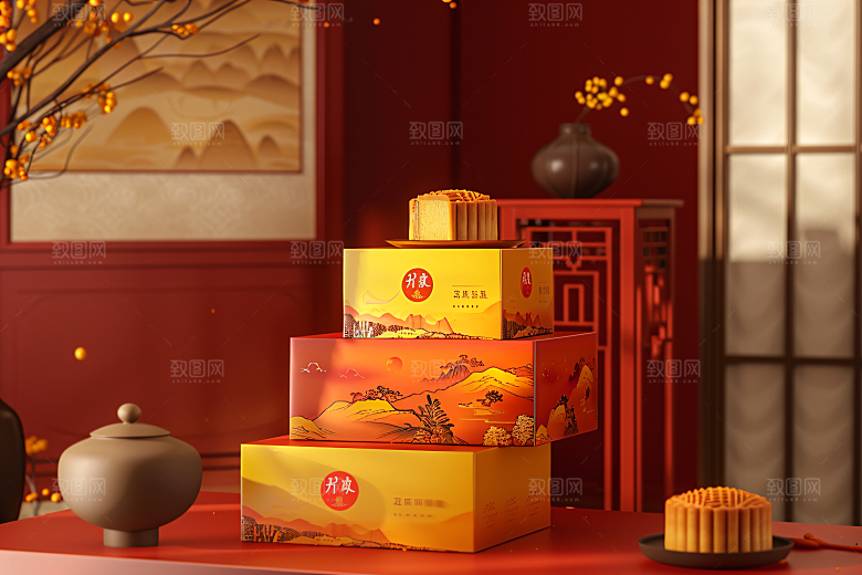 中秋月饼礼盒甜点美味摄影图
