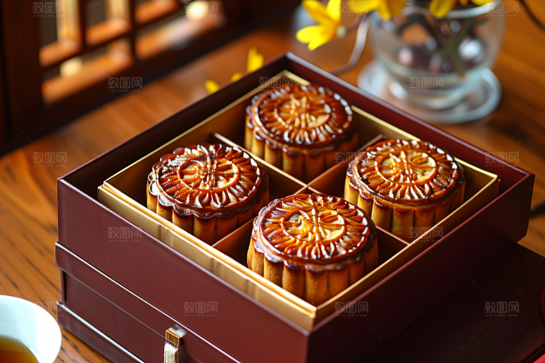 中秋月饼礼盒传统美食莲蓉月饼摄影图