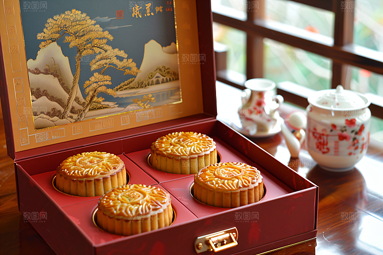 中秋月饼礼盒中秋节美食摄影图