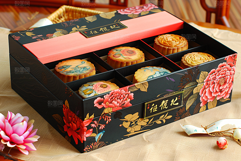 中秋月饼礼盒中秋节精致摄影图