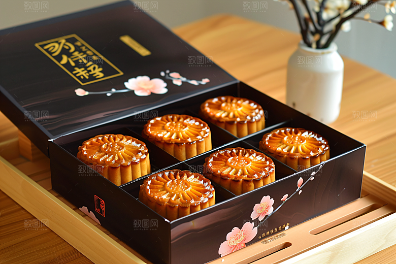 中秋月饼礼盒传统节日莲蓉月饼摄影图
