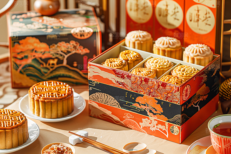 中秋月饼礼盒甜点莲蓉月饼摄影图