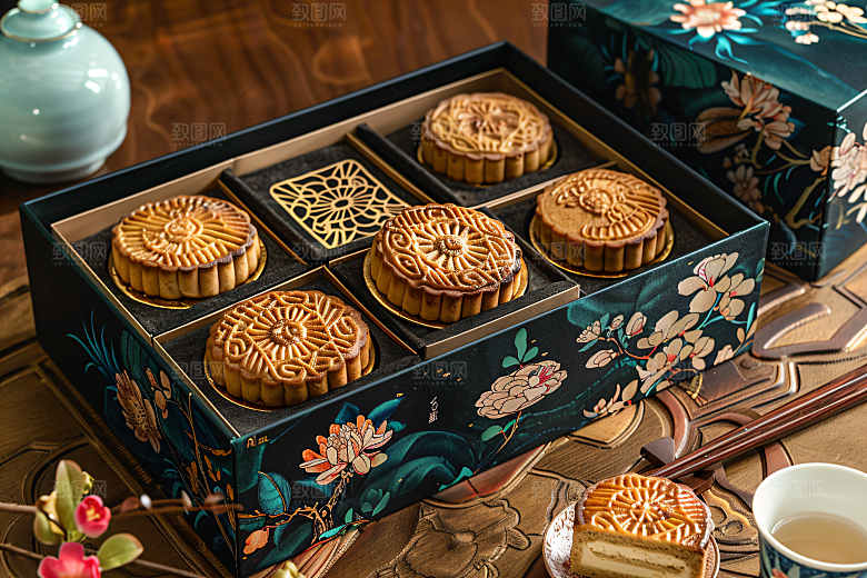 中秋月饼礼盒美味中秋节摄影图