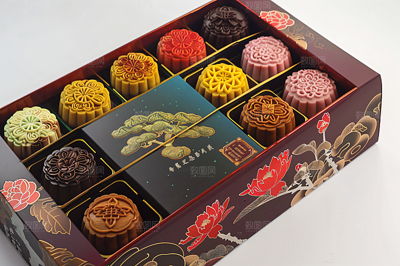 中秋月饼礼盒精致甜点摄影图