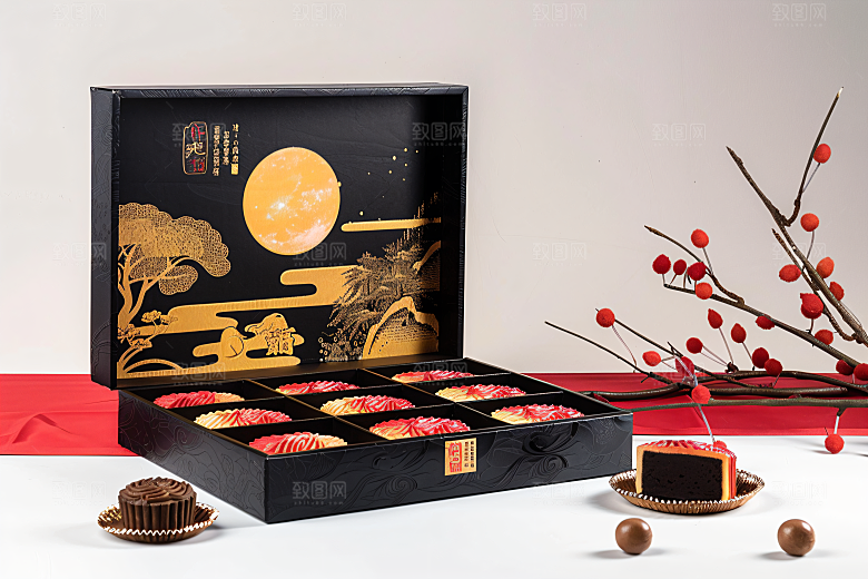 中秋月饼礼盒传统节日莲蓉月饼摄影图