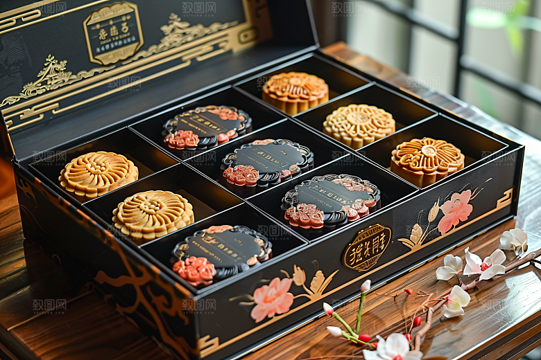 中秋月饼礼盒传统节日糕点摄影图